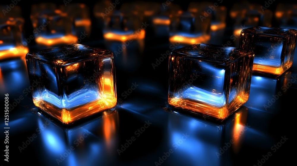 Poster glowing ice cubes emit orange and blue light on dark reflective surface creating magical atmosphere.