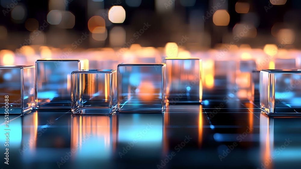 Aufkleber transparent glass cubes arranged in rows with glowing blue and orange bokeh lights creating reflecti
