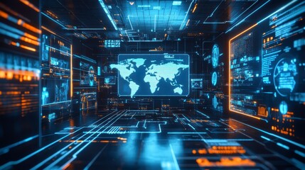 Futuristic blue digital technology background with a glowing global network and fiber optic light spots