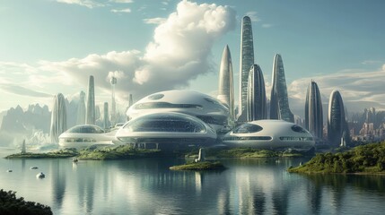 Obraz premium A futuristic city with a large building that says 