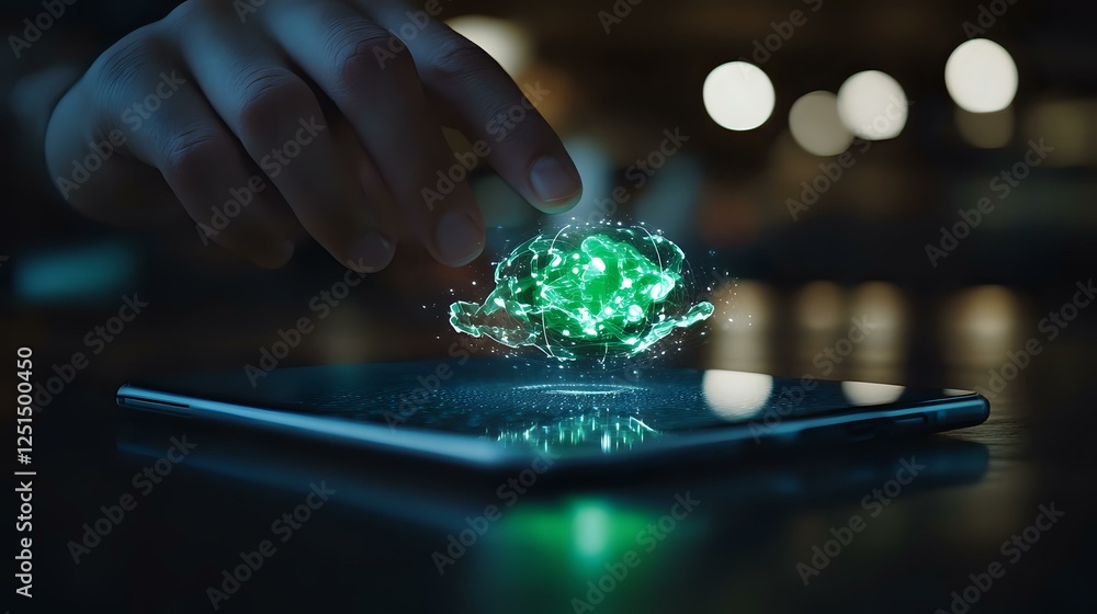Aufkleber futuristic holographic green crystal projection floating above smartphone screen in dark setting wit