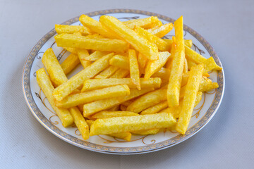 French fries Snack food crispy potato . Fast food or  snacks concept. Patates cips. Patates kizartmasi.