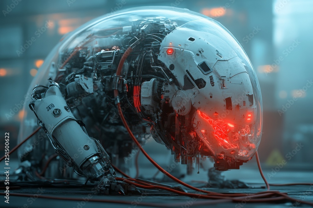 Aufkleber futuristic robotic creature in an industrial setting with glowing red eyes and intricate mechanics o