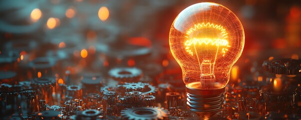 Silhouette with gears and a glowing lightbulb, representing creativity and innovative thinking, modern tech design, vibrant glowing details, futuristic vibe