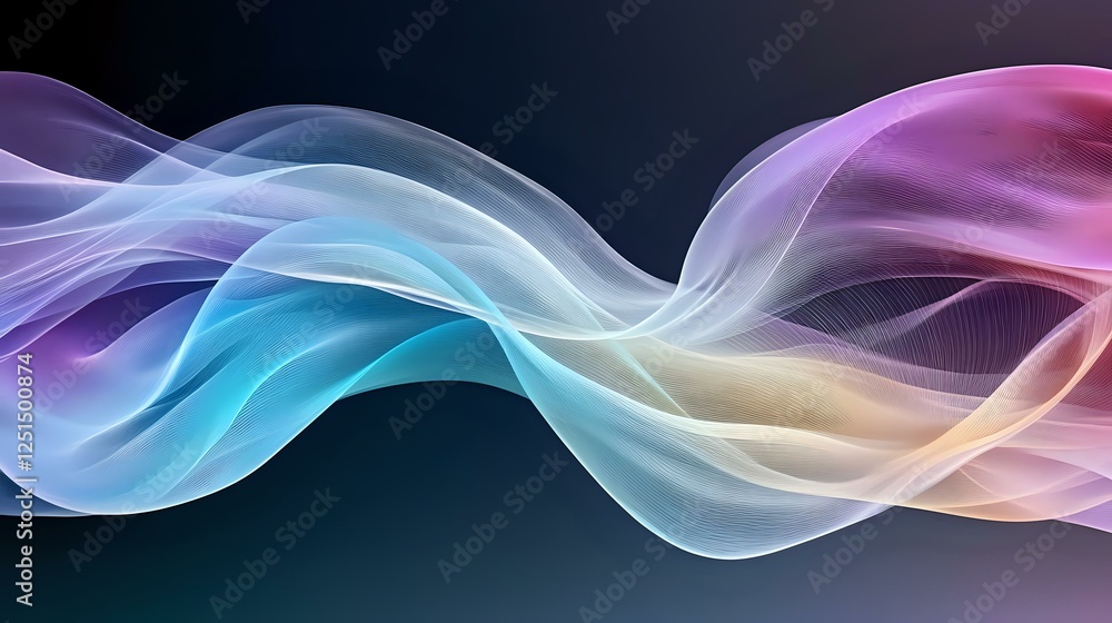 Poster ethereal flowing waves of translucent light in blue, pink and gold tones create dynamic abstract cur