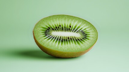 Fresh juicy kiwi fruit half showing detailed seed pattern and vibrant green flesh on mint green background, macro food photography for healthy eating concept.