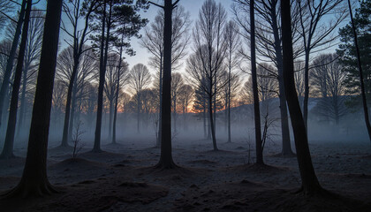 Fototapeta premium Somber forest landscape under twilight, aftermath of volcanic eruption