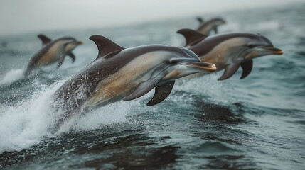 Obraz premium Dolphins leaping and spinning joyfully in ocean waves, showcasing their playful nature