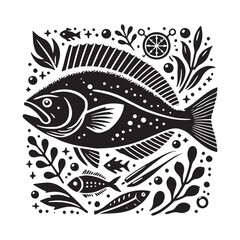 Black Color Halibut silhouette design Vector Illustration, Solid White Background (10).eps