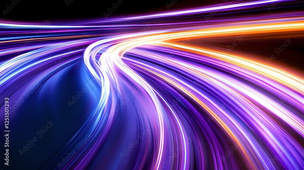 Poster vibrant light trails curve through darkness creating dynamic motion effect in purple, blue and orang
