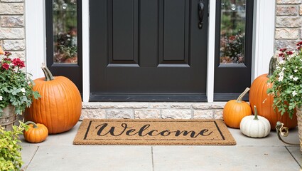 Charming suburban house adorned with Welcome doormat and fall pumpkins inviting warmth and seasonal bliss