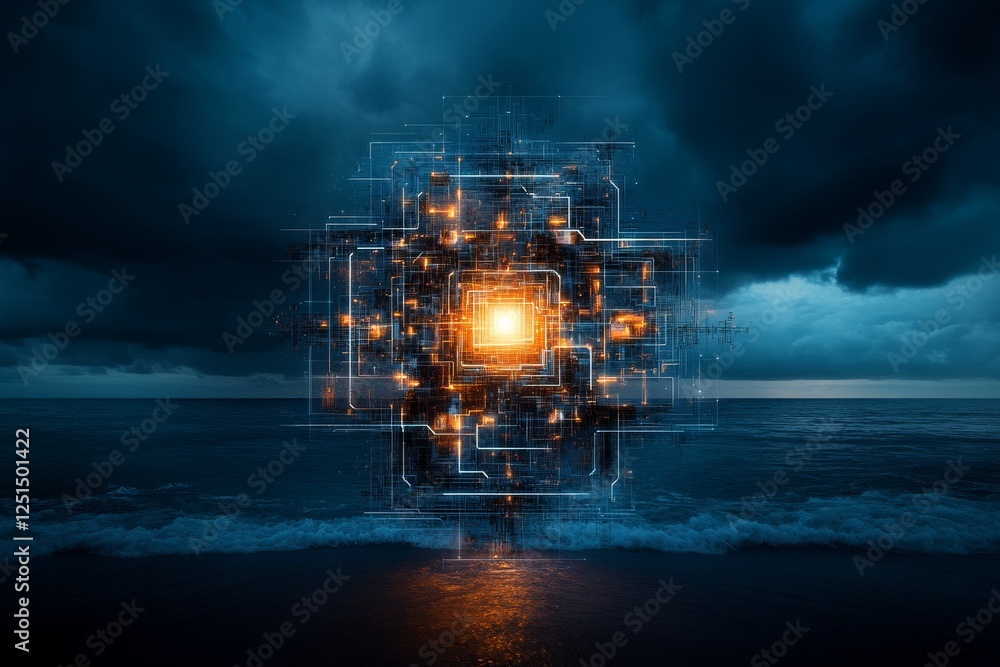Poster illuminated digital core hovering over a stormy ocean at twilight creates a surreal atmosphere of te