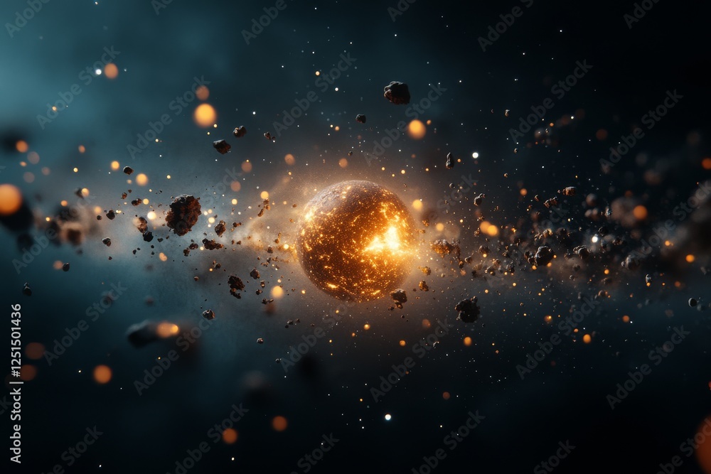 Poster star formation in a cosmic setting with surrounding asteroid belt and swirling gas clouds illuminate