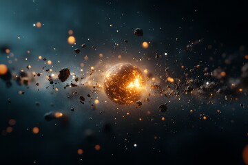 Star formation in a cosmic setting with surrounding asteroid belt and swirling gas clouds illuminated by the glowing star