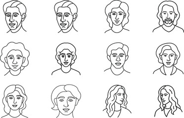 Diverse Headshots Line Art Portraits, Simple Icons, People Illustrations