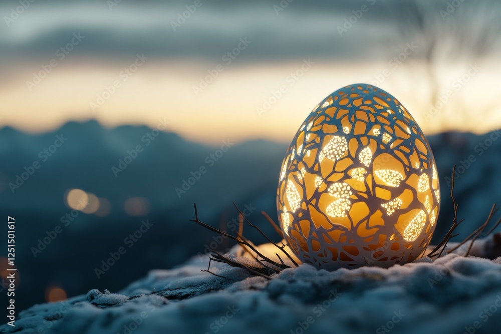 Aufkleber decorative egg lantern glowing on snowy mountain peak during twilight with distant mountains and sof