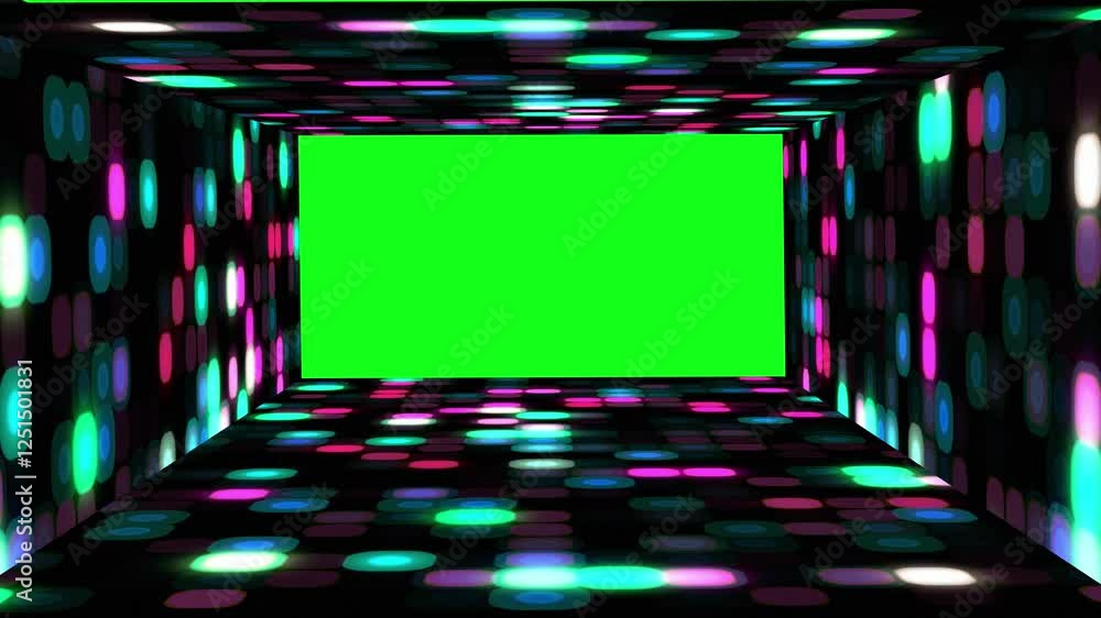 Poster colorful disco tunnel with moving lights and a green screen at the end, perfect for transitions or a