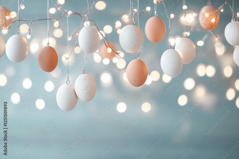 Poster eggs hanging from strings with soft lights in the background create a festive atmosphere for spring 