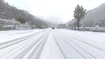 Fototapeta premium Snowy mountain highway winter road trip blizzard