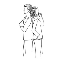 man and woman standing with their backs leaning against each other - drawing line art