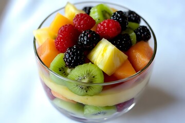 Fresh fruit parfait layered with yogurt, featuring vibrant raspberries, blackberries, kiwi, pineapple and cantaloupe chunks in glass dessert bowl on white background.
