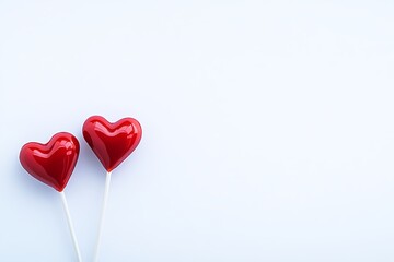 Fototapeta premium Two Red Heart-Shaped Lollipops on a Light Background
