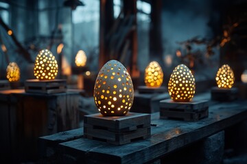 Fototapeta premium Decorative lantern egg sculptures illuminate a rustic indoor setting during dusk