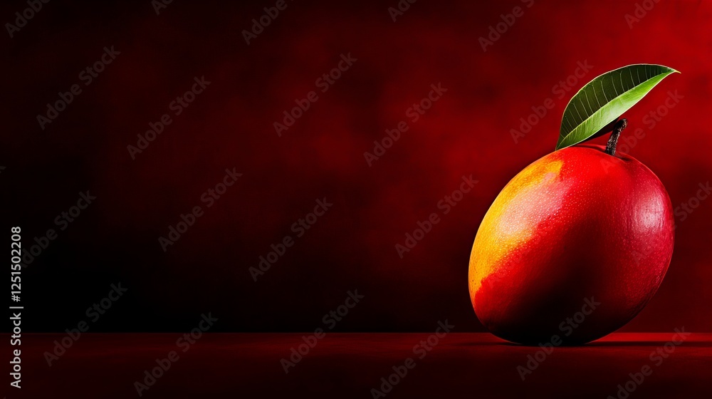 Poster a single ripe mango with a green leaf sits on a dark red background. the vibrant colors and dramatic
