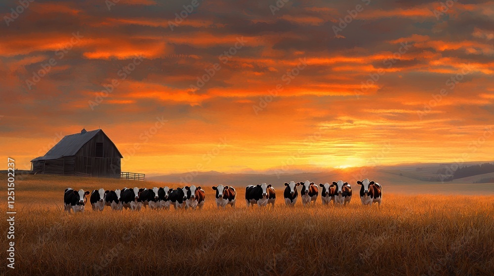 Poster a herd of cows are running across a field with a sunset in the background