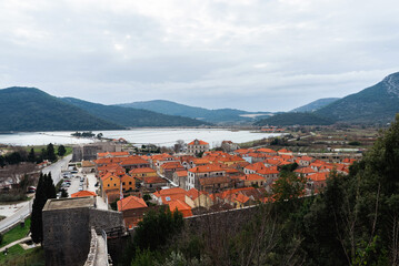 View from the fortress of the medieval old town of Mali Ston. Solila, the largest in Europe.