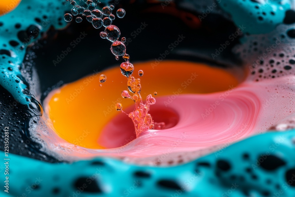 Poster colorful splashes of liquid create an abstract pattern in a vibrant mixture at close range