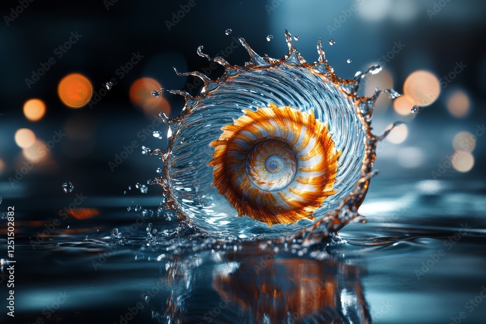 Poster beautiful shell creates splashes in water with shimmering reflections and a colorful interior during