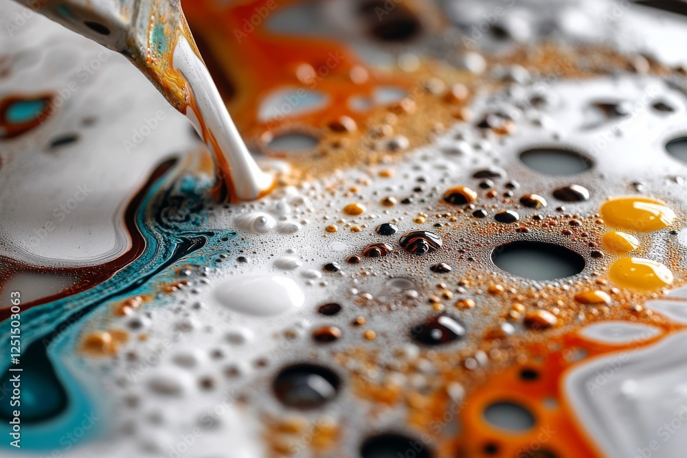 Poster colorful liquid mixture with swirling patterns and bubbles captured in close-up during daytime