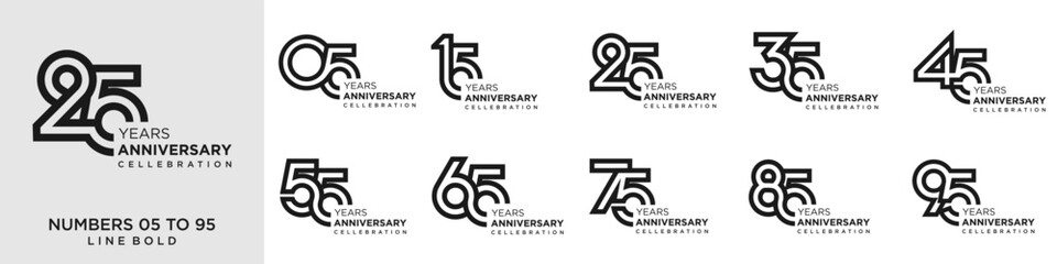 collection anniversary 15 to 95 year, creative number design vector illustration.