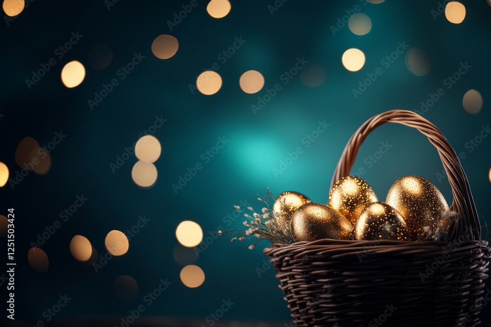 Poster display of golden eggs in a wicker basket against a softly illuminated background during a festive c