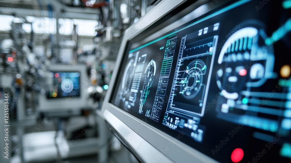 Poster digital screens display complex data and graphics in a high tech laboratory setting. cutting edge te