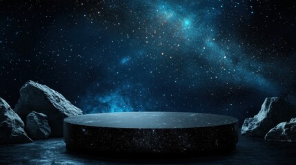 Circular Platform in Cosmic Space with Stars and Rocky Terrain