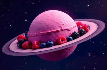 fresh raspberry style ice cream, space background, some berries on the ice cream. ice cream like planet