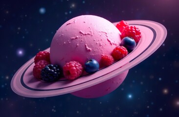 fresh raspberry style ice cream, space background, some berries on the ice cream. ice cream like planet