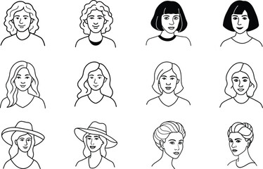 Female Hairstyle Icons Curly, Straight, Bob, Hat, Updo Illustrations