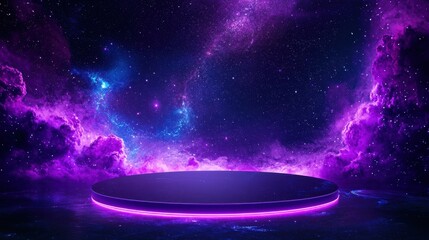 Stunning Cosmic Background with Purple Nebula and Circular Platform