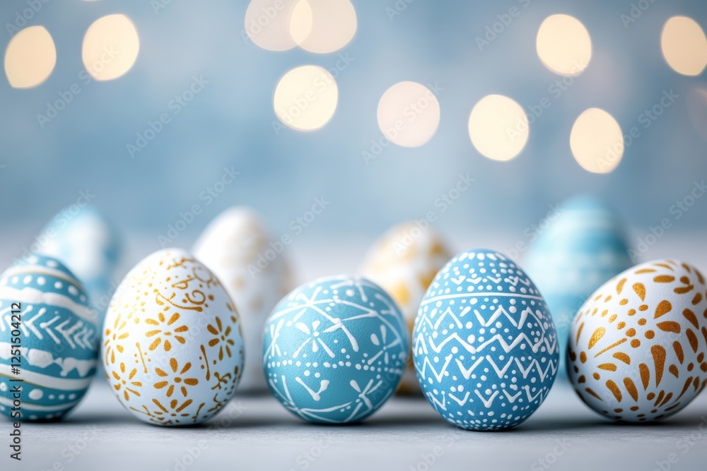 Poster decorative blue and white easter eggs arranged on a table with soft bokeh background
