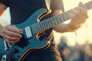 Obraz premium Guitarist Playing Upbeat Melody at Outdoor Festival Performance