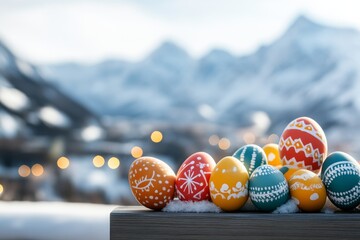 Colorful decorated eggs displayed against a mountainous winter background with soft bokeh lights in the distance