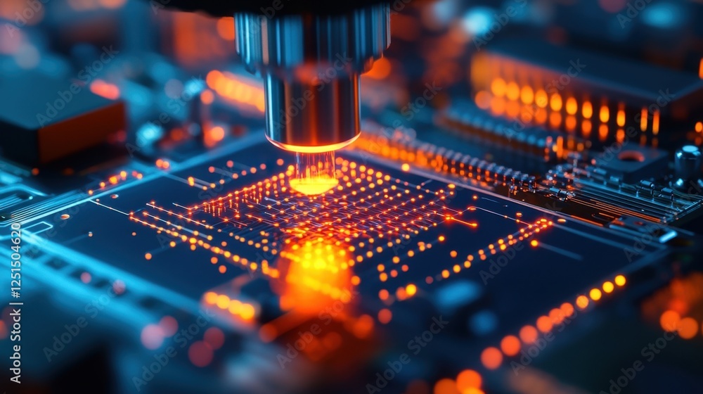 Poster close up view of a microchip under a microscope, highlighting intricate electronic circuits and glow
