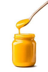 Yellow liquid, custard dripping from spoon with white background