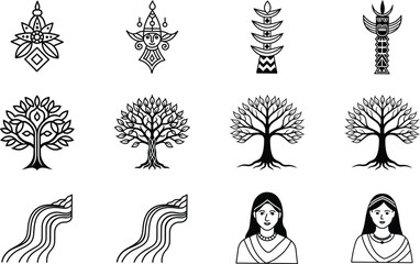 Tribal Art Geometric Patterns, Trees, Women, and Cultural Symbols