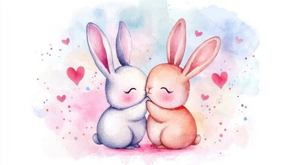 Obraz premium Heartwarming Watercolor of Two Rabbits Embracing in Love
