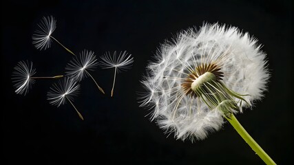 Fototapeta premium A close-up, macro photograph of a dandelion with seeds blowing away in the wind. The dandelion is in full bloom, with a large, fluffy white seed head
