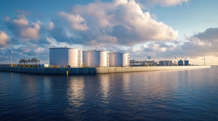 A large body of water with a large industrial complex on the shore